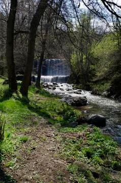 General view of Part at waterfall cascade of river Bistritsa Stock Photos