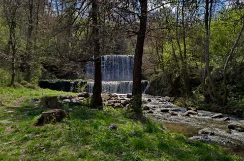 General view of Part at waterfall cascade of river Bistritsa Stock Photos