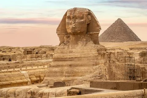 General view of pyramids with Sphinx. The Sphinx and the Piramids, famous Won Stock Photos