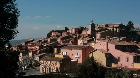 General view of Rousillon with ochre colored facades, Vaucluse, France Stock Footage 66290445