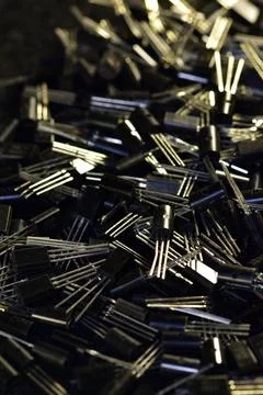 General view of samples of semiconductor triodes: low-power silicon transisto Stock Photos