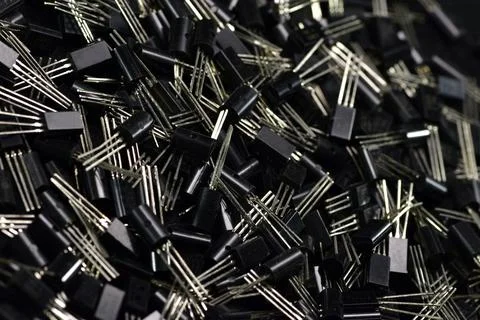 General view of samples of semiconductor triodes: low-power silicon transisto Stock Photos
