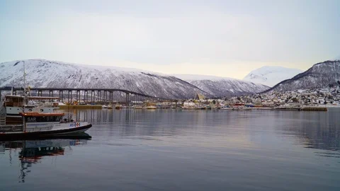 General view of the Tromsø Bridge with the the Arctic Cathedral Stock Footage 126212036
