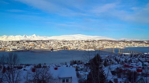 General view of Tromsø in winter, seen from the other side of the strait Stock Footage 126212315
