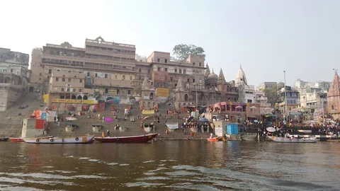 General view of Varanasi Ghats from River Ganges Stock Footage 116547804