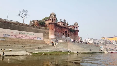 General view of Varanasi Ghats from River Ganges Stock Footage 116552152