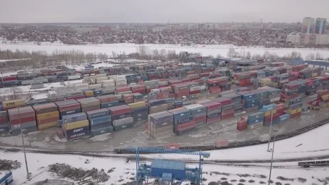 General view of the warehouse of sea containers from a height Stock Footage 157692096