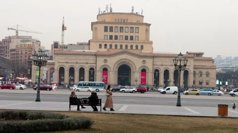 General view of Yerevan Republic Square and Armenia History Museum Stock Footage 270299898