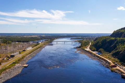 General view of the Zeya River from the upper point of the Zeya Dam Stock Photos