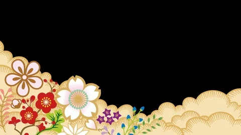 Generated clouds and flowers animation - Japanese traditional style Stock Footage 120013374