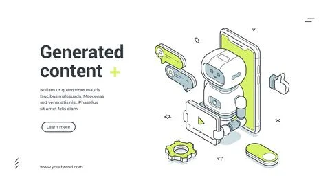 Generated content isometric banner. Robot creating video for social media. Mo Stock Illustration