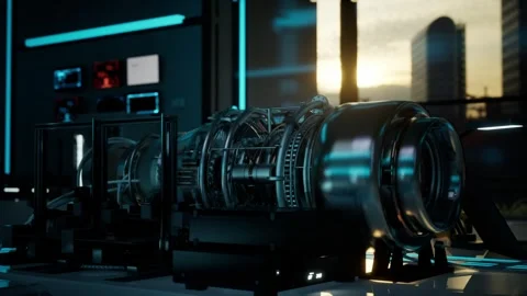 Generated Engineering Turbine In Lab. Aircraft Engine Animation Stock Footage 291875965