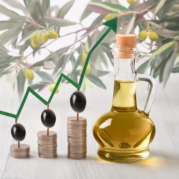 Generated image Olive oil in a decanter with olive tree in background and s.. Stock Photos