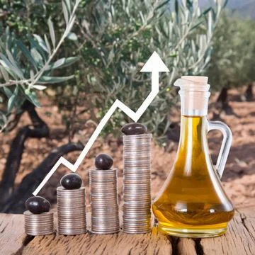Generated image Olive oil in decanter with stacked coins and graph Stock Photos