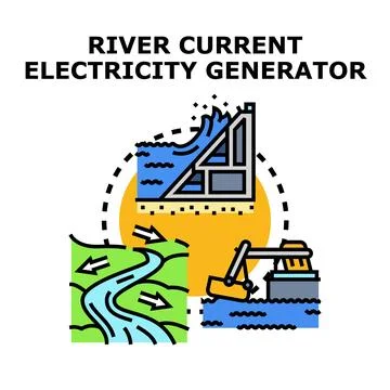 Generating electricity from river current using renewable power Stock Illustration