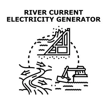 Generating electricity from river current using renewable power Stock Illustration