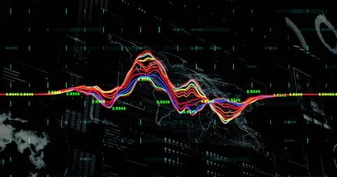Generating waveform with numeric labels over world map in dashboard with glitch 写真素材