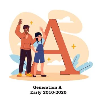 Generation alpha poster. Two kids standing near large A letter. Demography and Stock Illustration