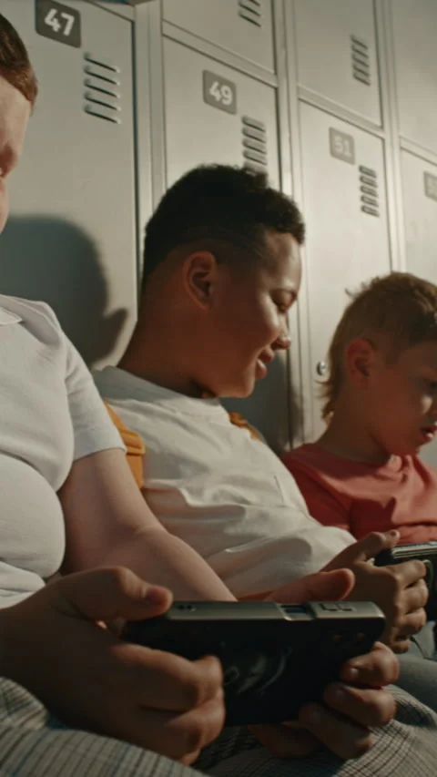 Generation Alpha Students Spending Free Time Together in School Hallway Stock Footage 342021206