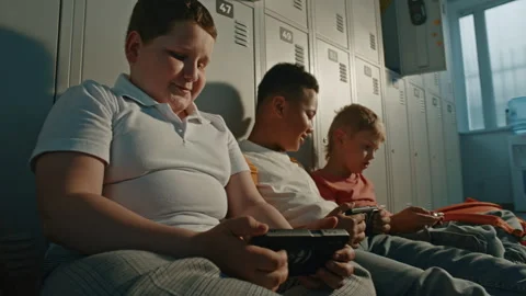 Generation Alpha Students Spending Free Time Together in School Hallway Stock Footage 342022618