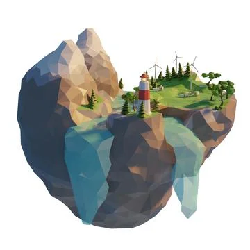 Generation clean energy in 3d low poly style. Floating island wind turbine. Stock Illustration