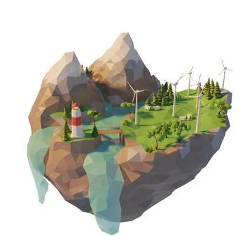 Generation clean energy concept. 3d low poly floating island. 3d render. Stock Illustration