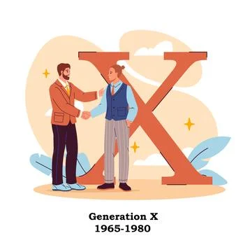 Generation x poster. Two men shaking hands near large x letter. Demography and Stockillustratie
