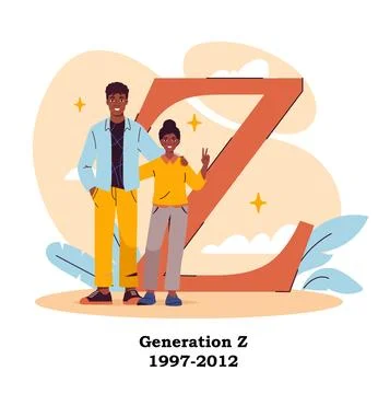 Generation z poster. Two teens standing near large Y letter. Demography and Stock Illustration
