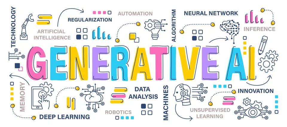 Generative AI . Artificial Intelligence concept . Word with outline icon ar.. Illustrazione stock