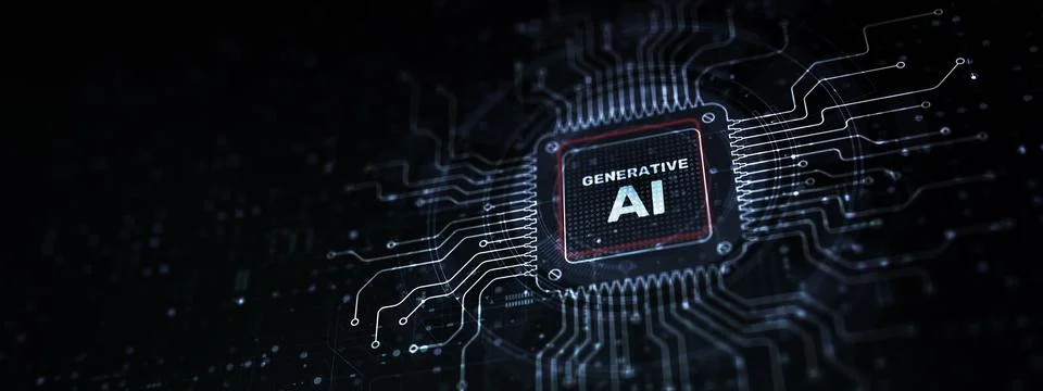 Generative AI Creating Content and Solutions Illustrated on a Processor Touch Illustrazione stock