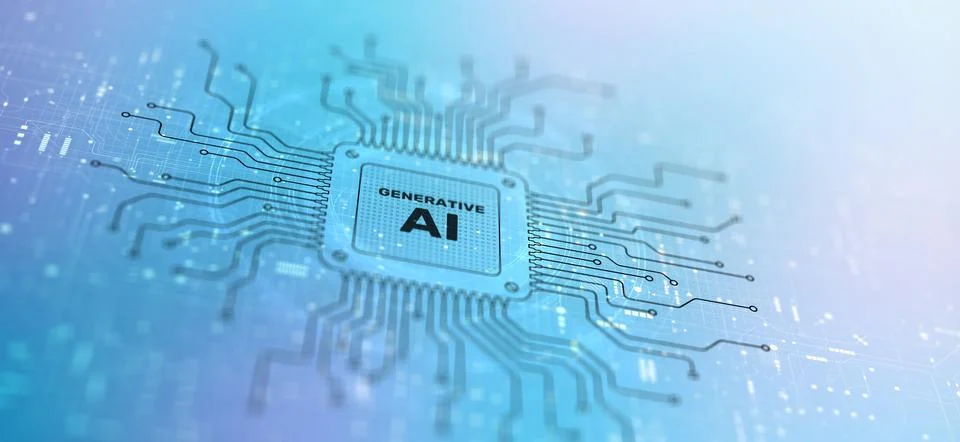 Generative AI Creating Content Illustrated on a Processor. Illustrazione stock