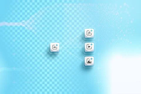 Generative AI icon connected to media generation nodes for audio, video, an.. Stock Photos