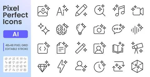 Generative AI Tools line icon set. Image, text, code, music, video, chat bot, 3D Stock Illustration