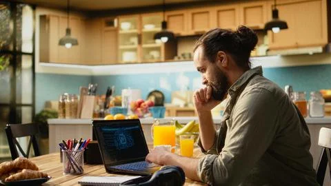 Generative artificial intelligence used by self-employed worker telecommuting 스톡 사진