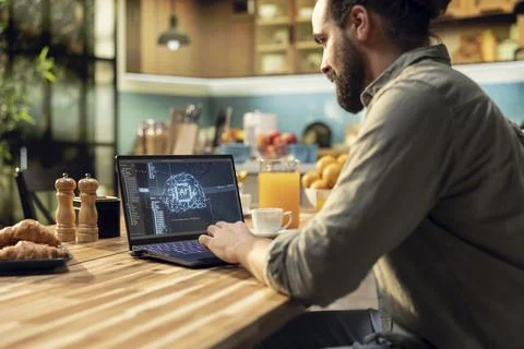 Generative artificial intelligence used by self-employed worker telecommuting Stock Photos