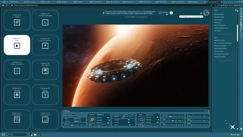 Generative model software producing AI video of UFO orbiting above planet Stock Photos