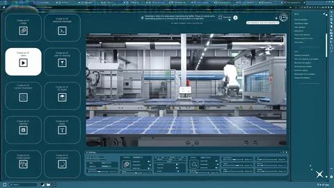 Generative model software producing AI generated video of solar panel factory Stock Photos