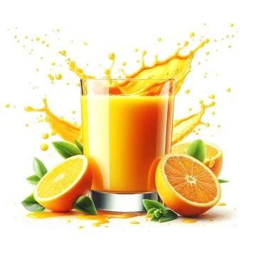 Generative visualization of a glass of orange juice with splashes isolated on Stock Photos