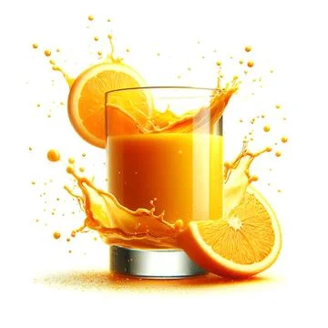 Generative visualization of a glass of orange juice with splashes isolated on Stock Photos