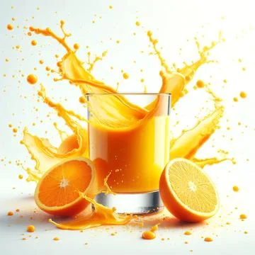 Generative visualization of a glass of orange juice with splashes isolated on Stock Photos