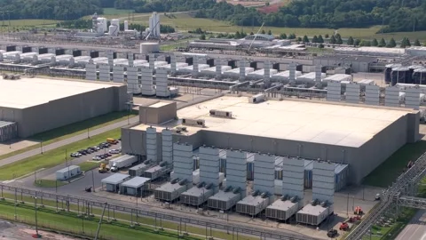 Generator Exhaust Stacks Along Data Center Halls Stock Footage 347985628
