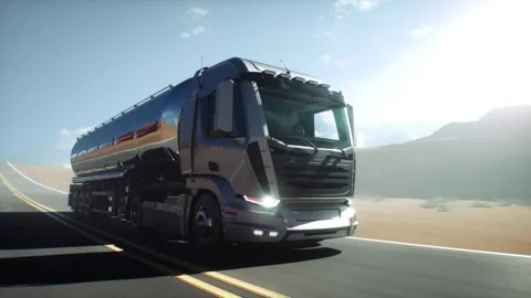 Generic 3d model of gasoline truck very fast driving on desert highway. Видео 301401658