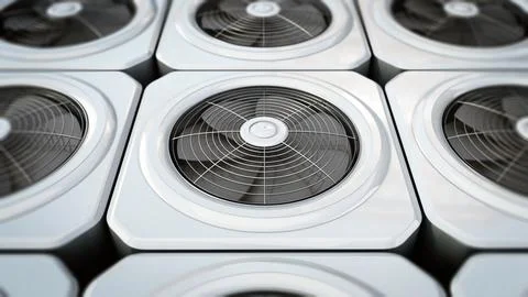 Generic air conditioner units in a row. 3D illustration Stock Illustration