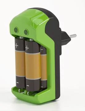 Generic batteries in the charger isolated on white background. 3D illustratio Stock Illustration