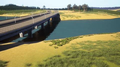 Generic car rides on a bridge over a wide river Stock Footage 128775735