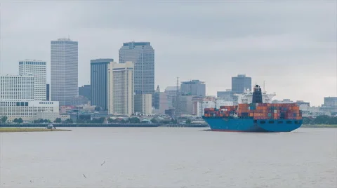 Generic Cargo Ship on Mississippi River with New Orleans Background Stock Footage 61106914