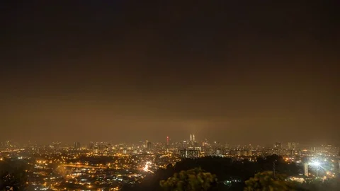 Generic citiyscape at sunset timelapse in raining storm evening to night Stock Footage 78355438