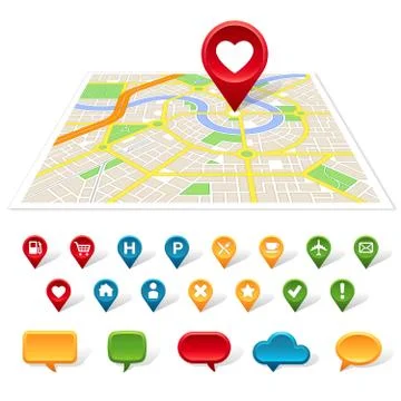 Generic city map, location and communication icons Stock Illustration