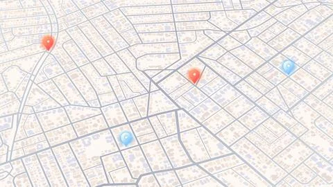 Generic city map with pins. Point of intended goal, many markers. Abstract Stock Illustration