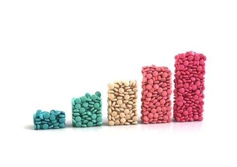 Generic coloured pills arranged as bar chart columns on a white background Stock Illustration